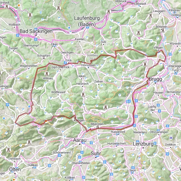 Zemljevid v pomanjšavi "Gravel: Lauffohr - Auenstein - Villigen" kolesarske inspiracije v Nordwestschweiz, Switzerland. Generirano z načrtovalcem kolesarskih poti Tarmacs.app