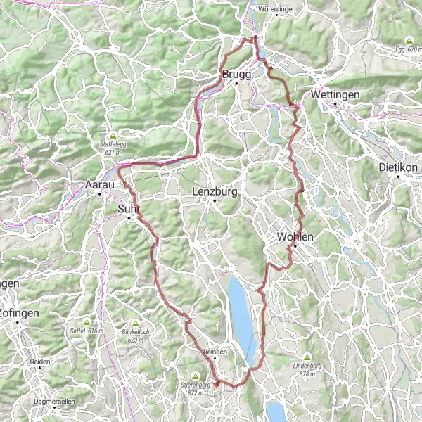 Miniaturní mapa "Gravelová cyklotrasa Lauffohr - Brugg 2" inspirace pro cyklisty v oblasti Nordwestschweiz, Switzerland. Vytvořeno pomocí plánovače tras Tarmacs.app