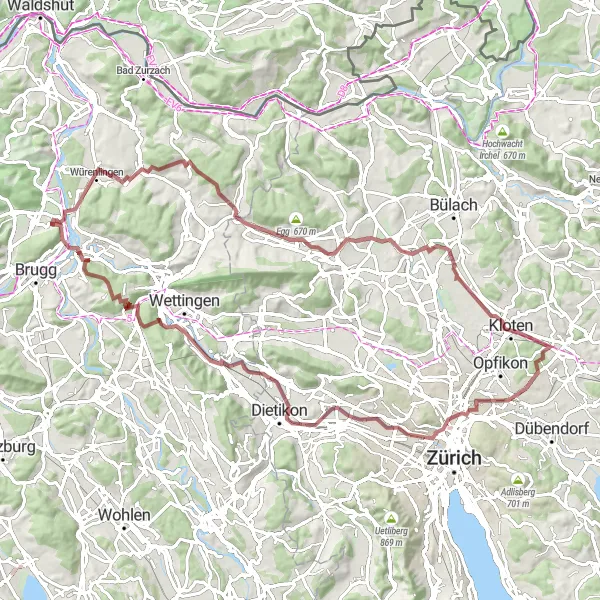 Zemljevid v pomanjšavi "Iberig to Turgi Gravel Cycling Route" kolesarske inspiracije v Nordwestschweiz, Switzerland. Generirano z načrtovalcem kolesarskih poti Tarmacs.app