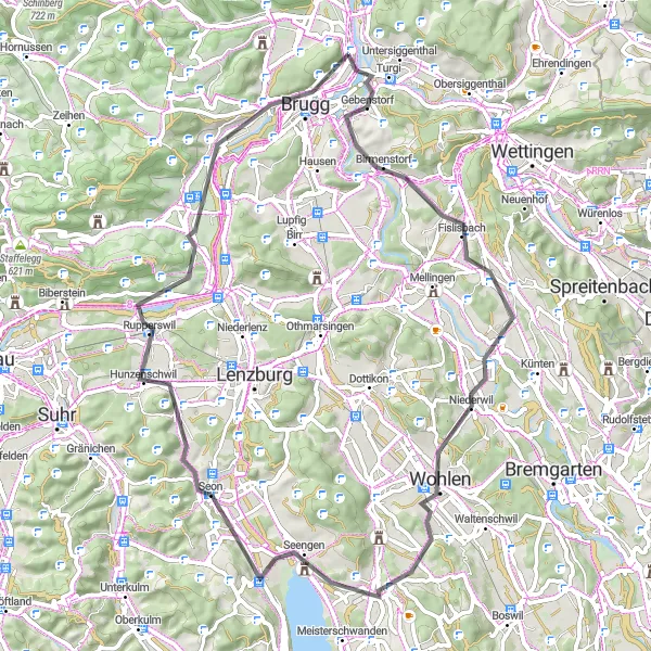 Miniaturekort af cykelinspirationen "Bruggerberg Circuit" i Nordwestschweiz, Switzerland. Genereret af Tarmacs.app cykelruteplanlægger
