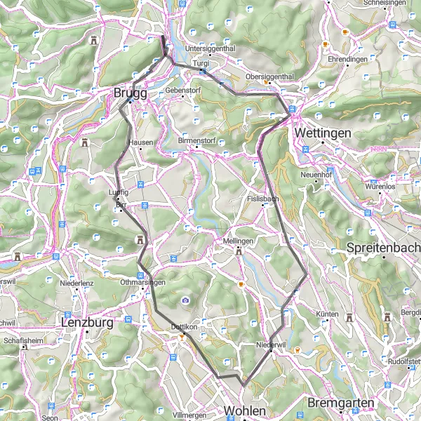 Miniaturní mapa "Západní Švýcarsko - Road Trip okolo Bruggu" inspirace pro cyklisty v oblasti Nordwestschweiz, Switzerland. Vytvořeno pomocí plánovače tras Tarmacs.app