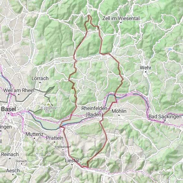 Mapa miniatúra "Gravelová cyklistická trasa Kraftwerk Rheinfelden" cyklistická inšpirácia v Nordwestschweiz, Switzerland. Vygenerované cyklistickým plánovačom trás Tarmacs.app