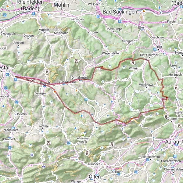 Miniatura della mappa di ispirazione al ciclismo "Avventura in Gravel tra Colline e Cascate" nella regione di Nordwestschweiz, Switzerland. Generata da Tarmacs.app, pianificatore di rotte ciclistiche