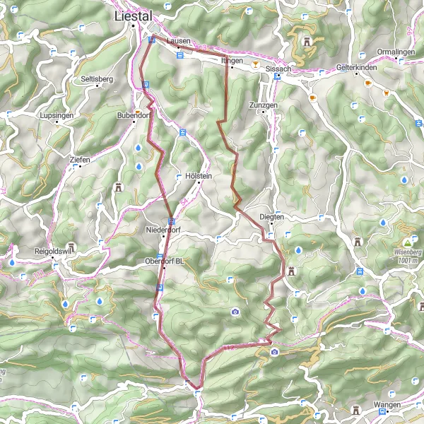 Miniaturní mapa "Gravel od Itingen do Bubendorf" inspirace pro cyklisty v oblasti Nordwestschweiz, Switzerland. Vytvořeno pomocí plánovače tras Tarmacs.app
