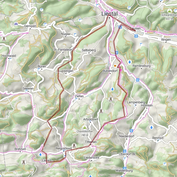 Kartminiatyr av "Grusvägar och naturupplevelser runt Liestal" cykelinspiration i Nordwestschweiz, Switzerland. Genererad av Tarmacs.app cykelruttplanerare