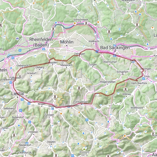 Map miniature of "Jura Gravel Adventure" cycling inspiration in Nordwestschweiz, Switzerland. Generated by Tarmacs.app cycling route planner