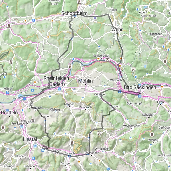 Miniatura della mappa di ispirazione al ciclismo "Giro in bicicletta in Nordwestschweiz" nella regione di Nordwestschweiz, Switzerland. Generata da Tarmacs.app, pianificatore di rotte ciclistiche