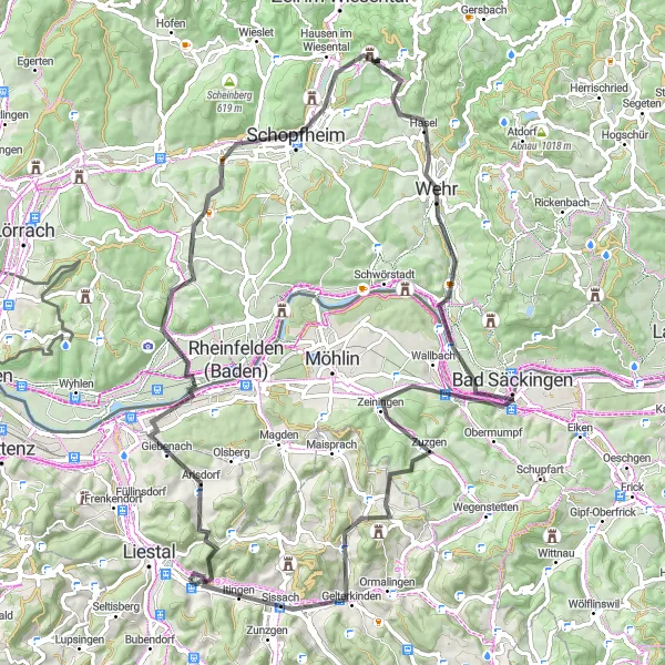 Zemljevid v pomanjšavi "Road Expedition to Buus and Spitzenberg" kolesarske inspiracije v Nordwestschweiz, Switzerland. Generirano z načrtovalcem kolesarskih poti Tarmacs.app