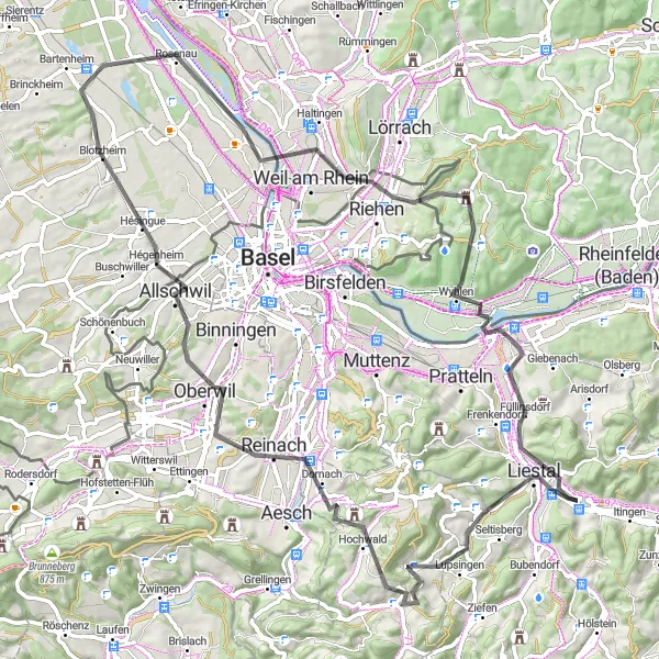 Miniature de la carte de l'inspiration cycliste "Parcours de 82 km à travers les paysages suisses" dans la Nordwestschweiz, Switzerland. Générée par le planificateur d'itinéraire cycliste Tarmacs.app