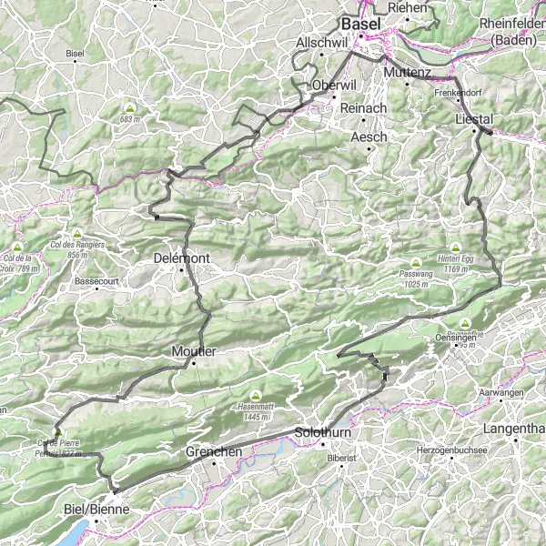 Miniatua del mapa de inspiración ciclista "Aventura por Waldenburg y Delémont" en Nordwestschweiz, Switzerland. Generado por Tarmacs.app planificador de rutas ciclistas
