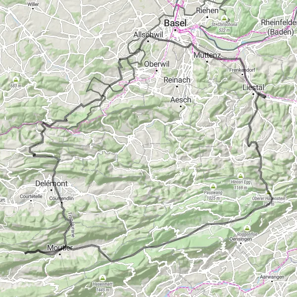 Kartminiatyr av "Lausen til Moutier Road Route" sykkelinspirasjon i Nordwestschweiz, Switzerland. Generert av Tarmacs.app sykkelrutoplanlegger
