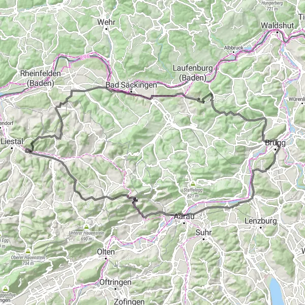 Zemljevid v pomanjšavi "Cesta čez vinograde in griče" kolesarske inspiracije v Nordwestschweiz, Switzerland. Generirano z načrtovalcem kolesarskih poti Tarmacs.app