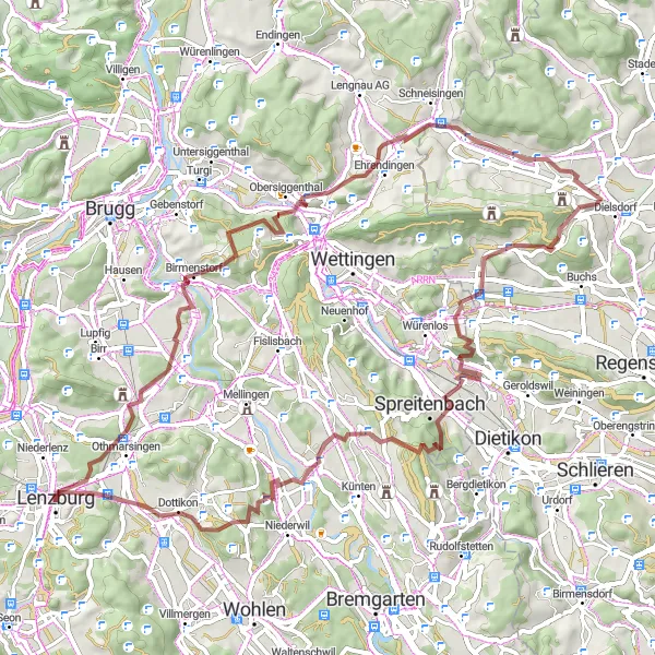 Karttaminiaatyyri "Lenzburgin linna - Dreihägen pyöräilyreitti (gravel)" pyöräilyinspiraatiosta alueella Nordwestschweiz, Switzerland. Luotu Tarmacs.app pyöräilyreittisuunnittelijalla
