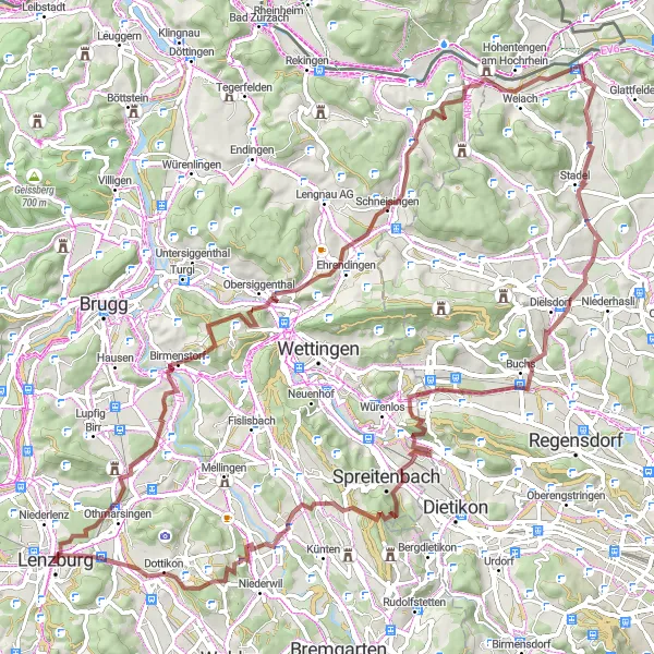 Map miniature of "Lenzburg Gravel Challenge" cycling inspiration in Nordwestschweiz, Switzerland. Generated by Tarmacs.app cycling route planner