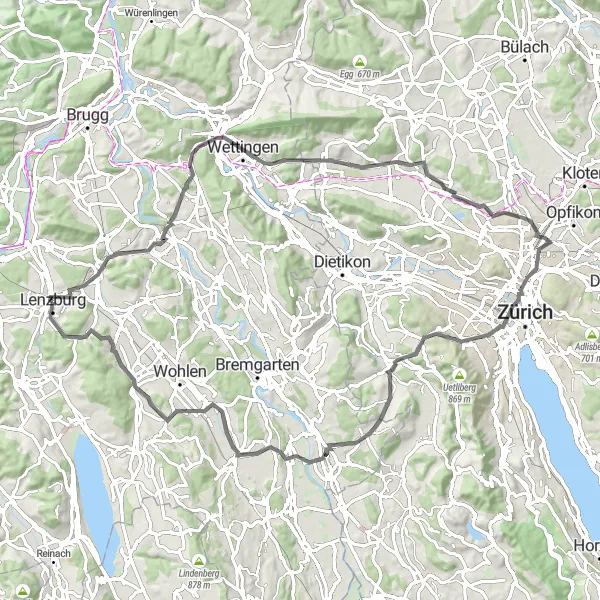 Miniatuurkaart van de fietsinspiratie "Lenzburg - Schlossberg - Mägenwil - Chrüzliberg - Wettingen - Katzenrüti - Monte Diggelmann - Arni - Dintikon" in Nordwestschweiz, Switzerland. Gemaakt door de Tarmacs.app fietsrouteplanner