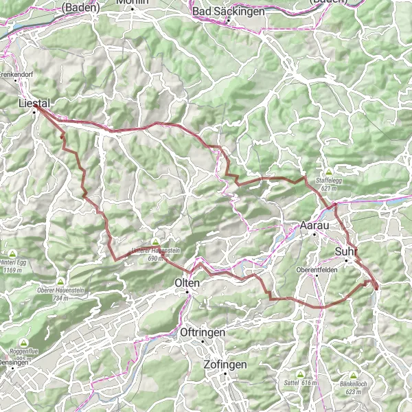 Mapa miniatúra "Gravelový výlet na okraji Liestalu" cyklistická inšpirácia v Nordwestschweiz, Switzerland. Vygenerované cyklistickým plánovačom trás Tarmacs.app