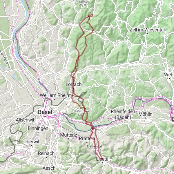 Karten-Miniaturansicht der Radinspiration "Abenteuerliche Graveltour in der Nähe von Liestal" in Nordwestschweiz, Switzerland. Erstellt vom Tarmacs.app-Routenplaner für Radtouren