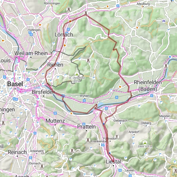 Miniatuurkaart van de fietsinspiratie "Langs de Rijn en door de natuur" in Nordwestschweiz, Switzerland. Gemaakt door de Tarmacs.app fietsrouteplanner