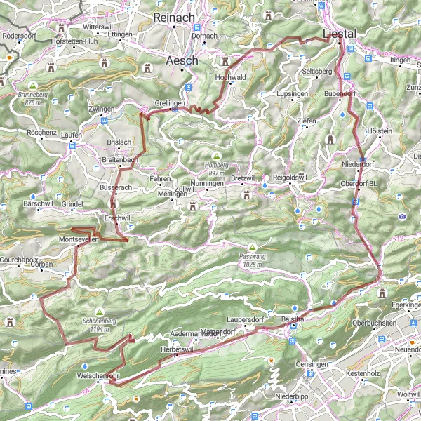 Miniatua del mapa de inspiración ciclista "Desafío Gravel de Liestal a Baslerholz" en Nordwestschweiz, Switzerland. Generado por Tarmacs.app planificador de rutas ciclistas