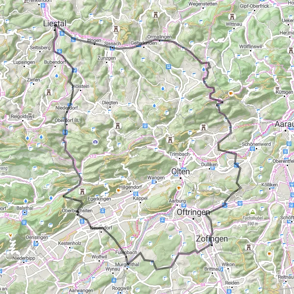 Miniaturní mapa "Silniční výlet kolem Liestalu" inspirace pro cyklisty v oblasti Nordwestschweiz, Switzerland. Vytvořeno pomocí plánovače tras Tarmacs.app