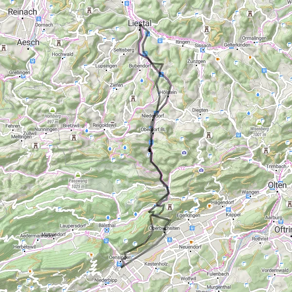 Miniatura della mappa di ispirazione al ciclismo "Percorso panoramico tra Hölstein e Liestal" nella regione di Nordwestschweiz, Switzerland. Generata da Tarmacs.app, pianificatore di rotte ciclistiche