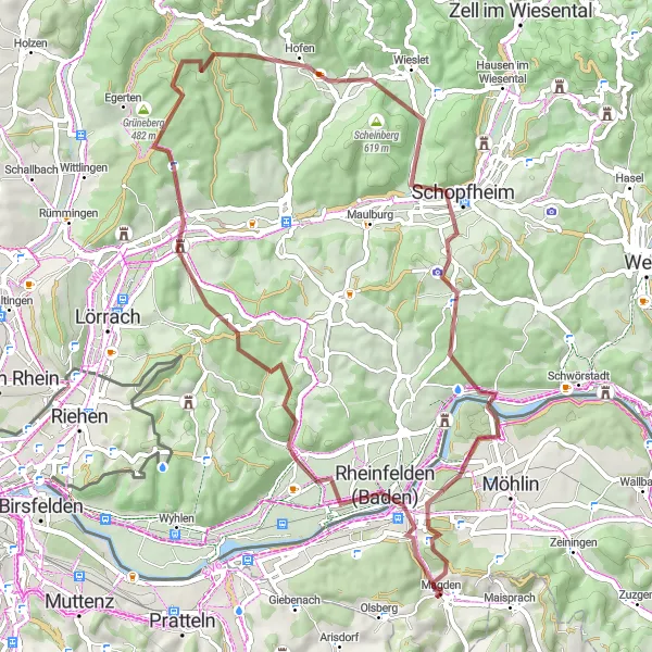 Miniatura della mappa di ispirazione al ciclismo "Percorso in bicicletta da Magden attraverso Rheinfelden (Baden) e Riburg" nella regione di Nordwestschweiz, Switzerland. Generata da Tarmacs.app, pianificatore di rotte ciclistiche