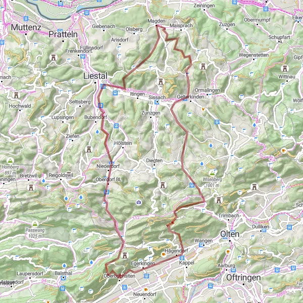 Miniatuurkaart van de fietsinspiratie "Uitdagende graveltocht naar Läufelfingen" in Nordwestschweiz, Switzerland. Gemaakt door de Tarmacs.app fietsrouteplanner