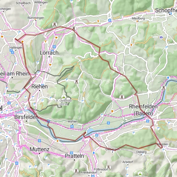 Kartminiatyr av "Kaiseraugst til Rheinfelden Grusvei Sykkeltur" sykkelinspirasjon i Nordwestschweiz, Switzerland. Generert av Tarmacs.app sykkelrutoplanlegger