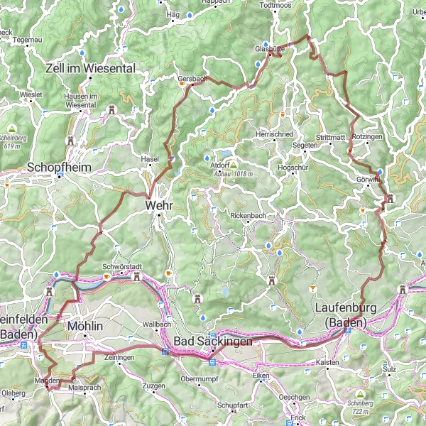 Kartminiatyr av "Grusvägscykling runt Magden" cykelinspiration i Nordwestschweiz, Switzerland. Genererad av Tarmacs.app cykelruttplanerare