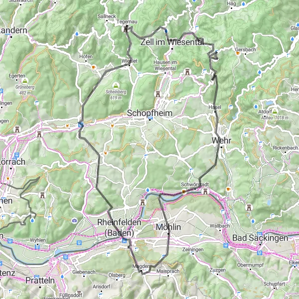 Miniature de la carte de l'inspiration cycliste "Voyage épique à travers les vallées et les collines près de Magden" dans la Nordwestschweiz, Switzerland. Générée par le planificateur d'itinéraire cycliste Tarmacs.app