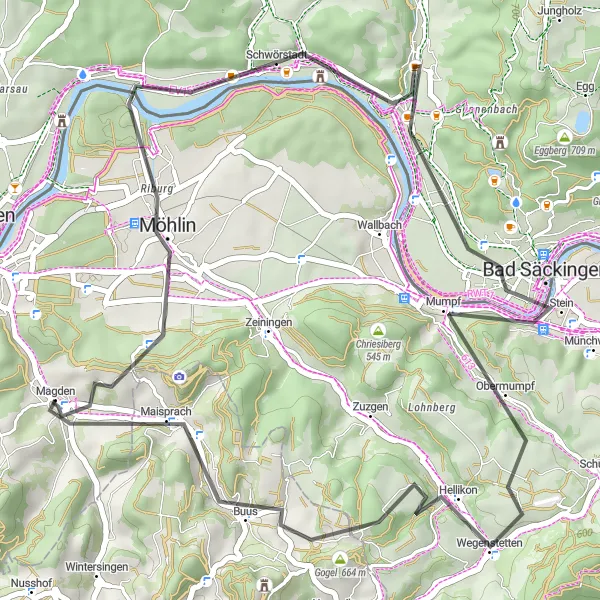 Kartminiatyr av "Solskinnetårnet Circuit" sykkelinspirasjon i Nordwestschweiz, Switzerland. Generert av Tarmacs.app sykkelrutoplanlegger