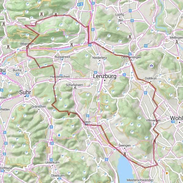 Kartminiatyr av "Gravelcykling Seon-Möriken-Villmergen-Rundtur" cykelinspiration i Nordwestschweiz, Switzerland. Genererad av Tarmacs.app cykelruttplanerare