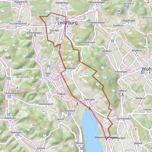 Map miniature of "Fahrwangen and Lenzburg Gravel Loop" cycling inspiration in Nordwestschweiz, Switzerland. Generated by Tarmacs.app cycling route planner
