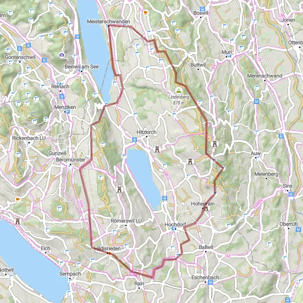 Map miniature of "Bettwil and Beromünster Gravel Loop" cycling inspiration in Nordwestschweiz, Switzerland. Generated by Tarmacs.app cycling route planner
