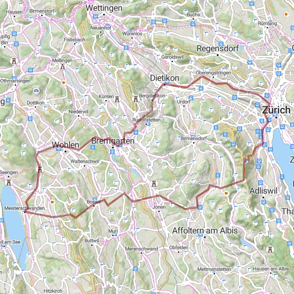 Map miniature of "Bremgarten to Bettwil Gravel Adventure" cycling inspiration in Nordwestschweiz, Switzerland. Generated by Tarmacs.app cycling route planner
