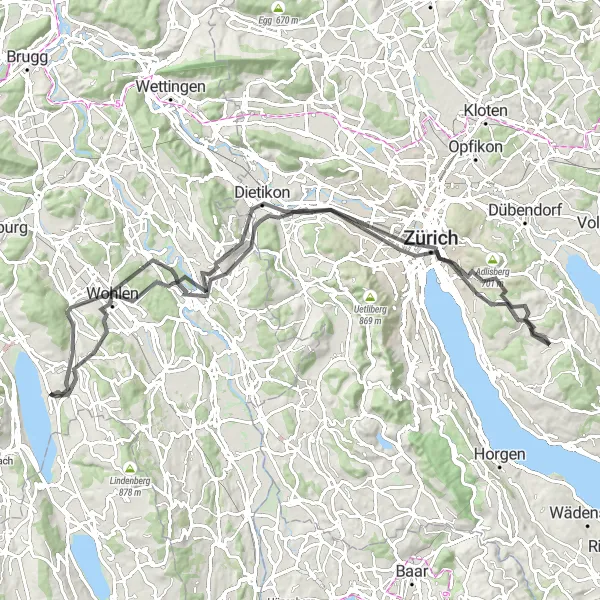 Miniatura della mappa di ispirazione al ciclismo "Giro in bicicletta da Meisterschwanden a Zurigo e Bremgarten" nella regione di Nordwestschweiz, Switzerland. Generata da Tarmacs.app, pianificatore di rotte ciclistiche