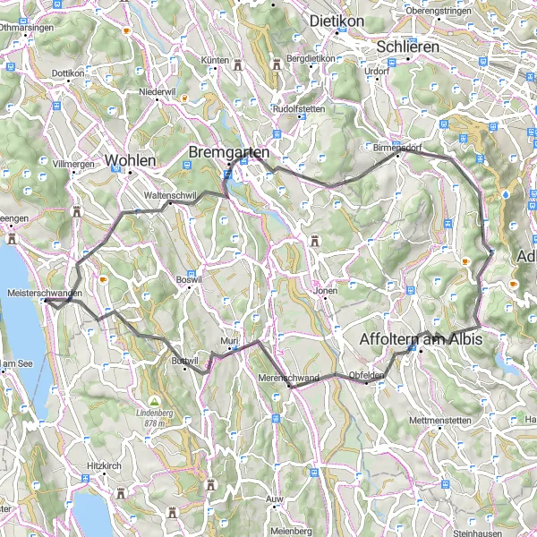 Map miniature of "Meisterschwanden to Bettwil Loop" cycling inspiration in Nordwestschweiz, Switzerland. Generated by Tarmacs.app cycling route planner