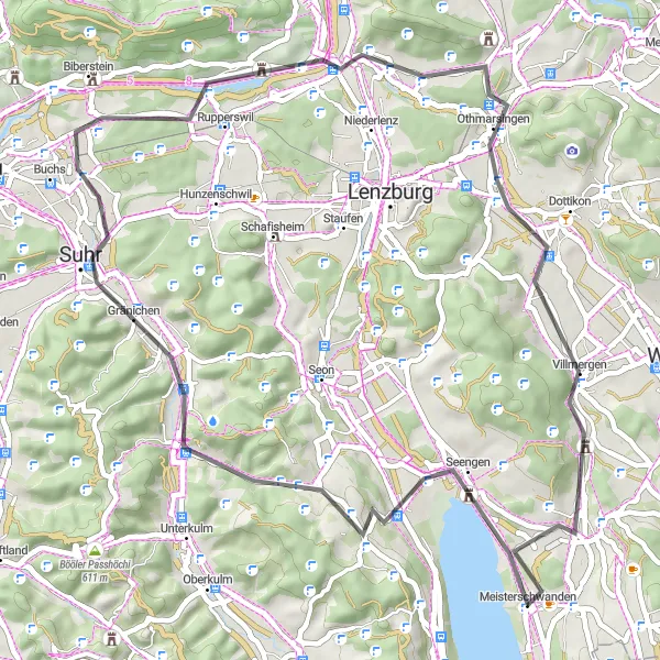 Miniatua del mapa de inspiración ciclista "Ruta de ciclismo de carretera Meisterschwanden-Gränichen" en Nordwestschweiz, Switzerland. Generado por Tarmacs.app planificador de rutas ciclistas