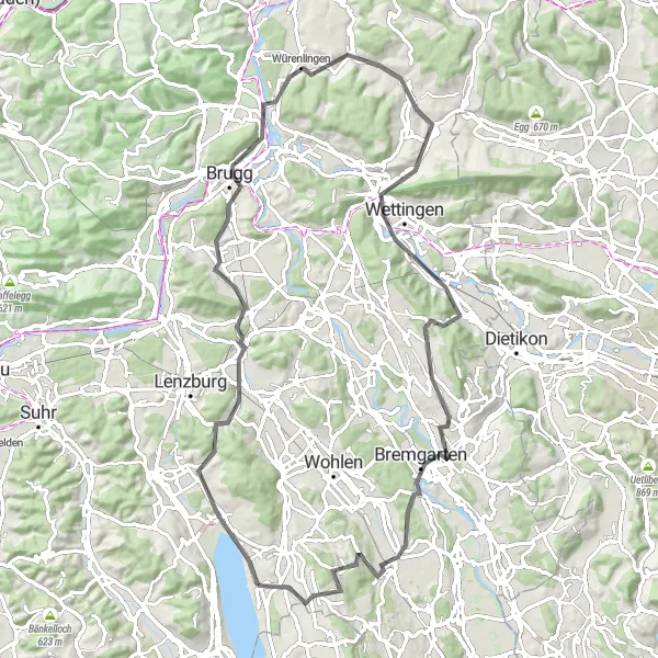 Map miniature of "Meisterschwanden to Brugg Loop" cycling inspiration in Nordwestschweiz, Switzerland. Generated by Tarmacs.app cycling route planner