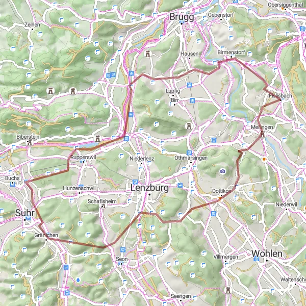 Miniature de la carte de l'inspiration cycliste "Aventure à travers les sentiers de gravier suisses" dans la Nordwestschweiz, Switzerland. Générée par le planificateur d'itinéraire cycliste Tarmacs.app