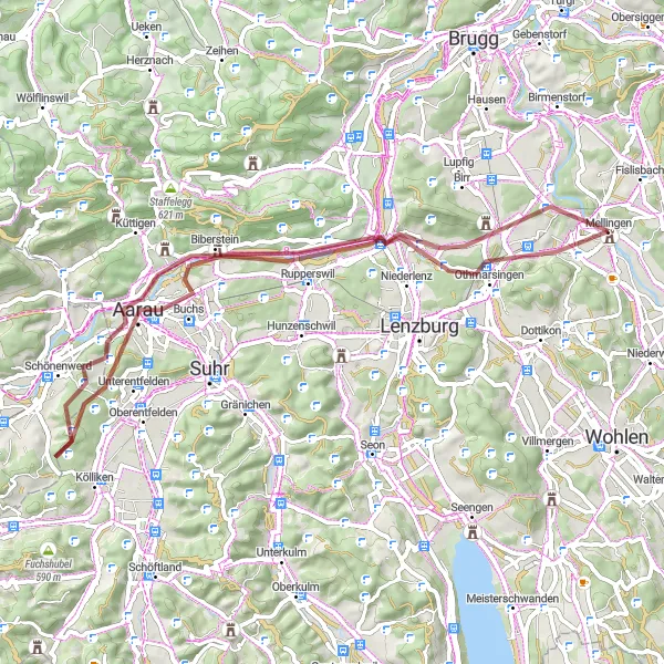 Karten-Miniaturansicht der Radinspiration "Rundfahrt um Mellingen - Gravelroute" in Nordwestschweiz, Switzerland. Erstellt vom Tarmacs.app-Routenplaner für Radtouren
