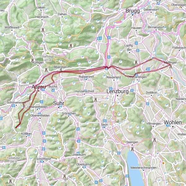 Kartminiatyr av "Grusvägar och Naturupplevelser" cykelinspiration i Nordwestschweiz, Switzerland. Genererad av Tarmacs.app cykelruttplanerare