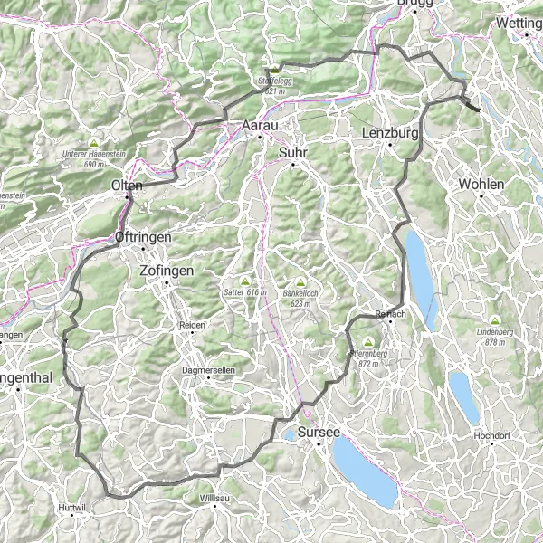 Miniature de la carte de l'inspiration cycliste "La Ronde des Châteaux et Collines" dans la Nordwestschweiz, Switzerland. Générée par le planificateur d'itinéraire cycliste Tarmacs.app