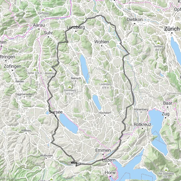 Karttaminiaatyyri "Kulttuurireitti Hürst - Mägenwil" pyöräilyinspiraatiosta alueella Nordwestschweiz, Switzerland. Luotu Tarmacs.app pyöräilyreittisuunnittelijalla
