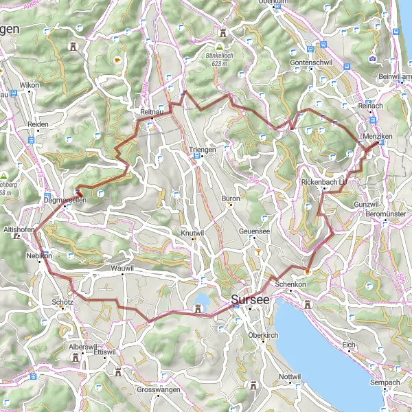 Miniatura della mappa di ispirazione al ciclismo "Scoperta degli scorci nascosti del Canton Lucerna (Gravel)" nella regione di Nordwestschweiz, Switzerland. Generata da Tarmacs.app, pianificatore di rotte ciclistiche