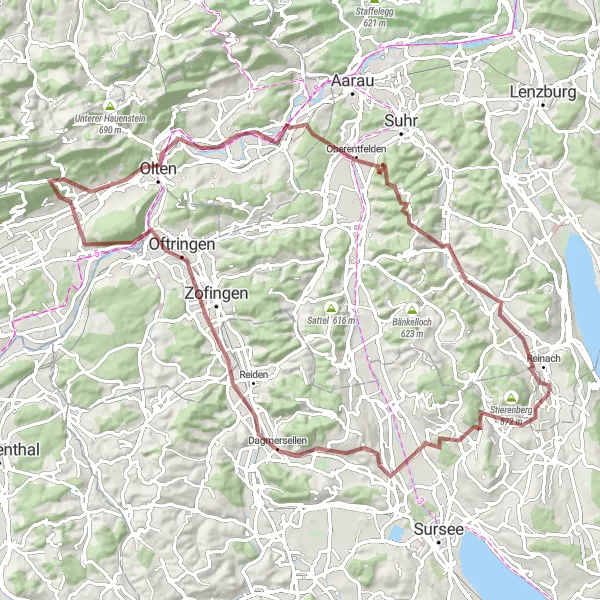 Mapa miniatúra "Gravel Okolo Menziken cez Büron a Olten" cyklistická inšpirácia v Nordwestschweiz, Switzerland. Vygenerované cyklistickým plánovačom trás Tarmacs.app
