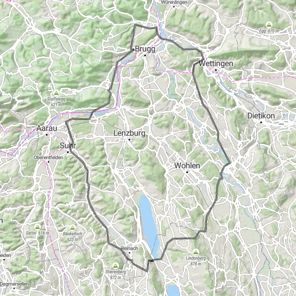 Miniatura della mappa di ispirazione al ciclismo "Tour tra Valli e Fiumi di Argovia (Strada)" nella regione di Nordwestschweiz, Switzerland. Generata da Tarmacs.app, pianificatore di rotte ciclistiche