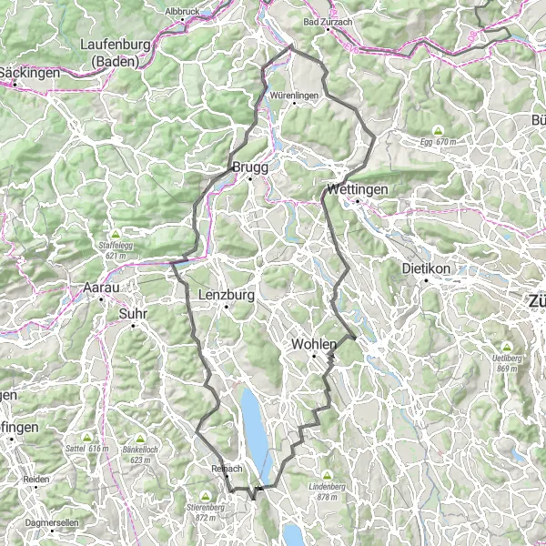 Miniatura della mappa di ispirazione al ciclismo "Esplorazione delle Campagne del Canton Aargau (Strada)" nella regione di Nordwestschweiz, Switzerland. Generata da Tarmacs.app, pianificatore di rotte ciclistiche