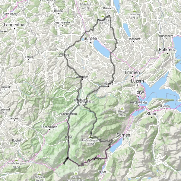 Miniatura della mappa di ispirazione al ciclismo "Giro in bicicletta della Val di Emmen (Strada)" nella regione di Nordwestschweiz, Switzerland. Generata da Tarmacs.app, pianificatore di rotte ciclistiche
