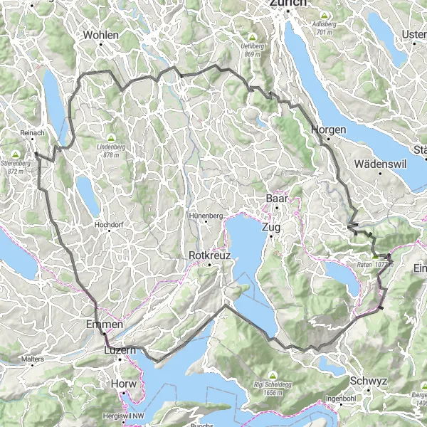 Miniatura della mappa di ispirazione al ciclismo "Viaggio panoramico attraverso Lucerna e Aargau" nella regione di Nordwestschweiz, Switzerland. Generata da Tarmacs.app, pianificatore di rotte ciclistiche